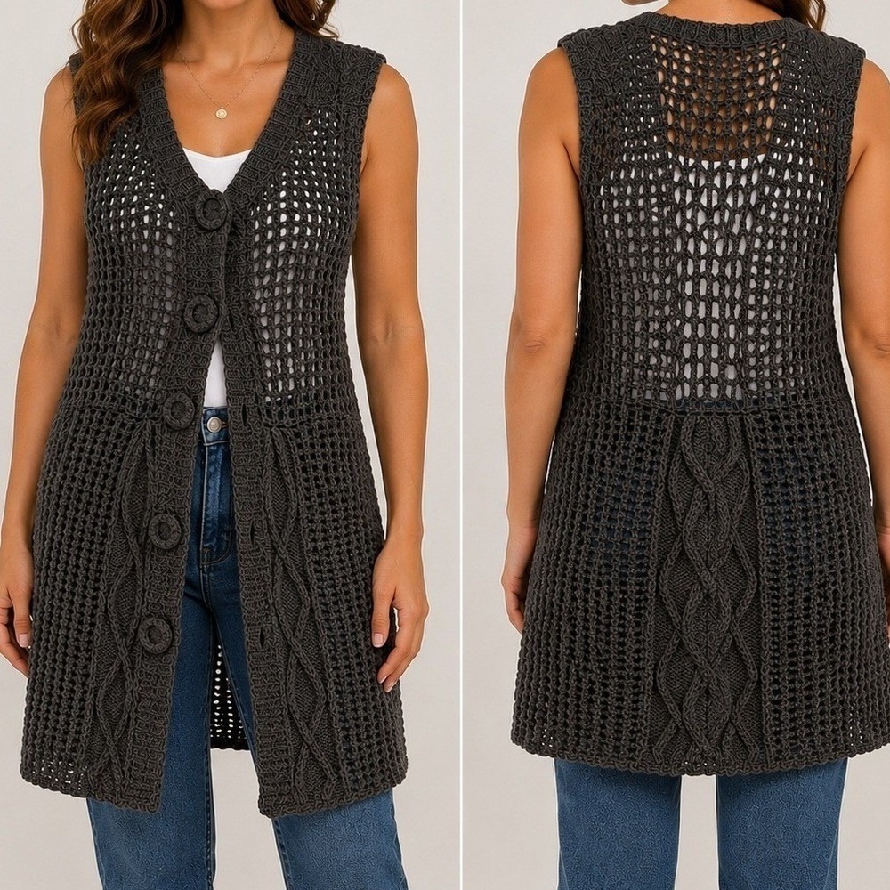Hazel Gray Crochet Long Vest Cardigan‎ Medium Boho Cable Knit Button Layer